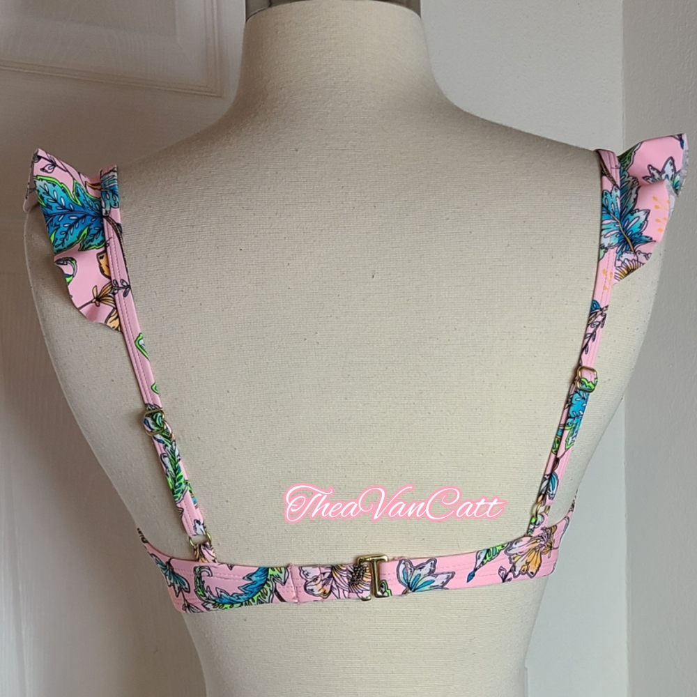 No boundaries pink floral vintage style ruffles ruched butt 2 pieces bikini set - Picture 5 of 10